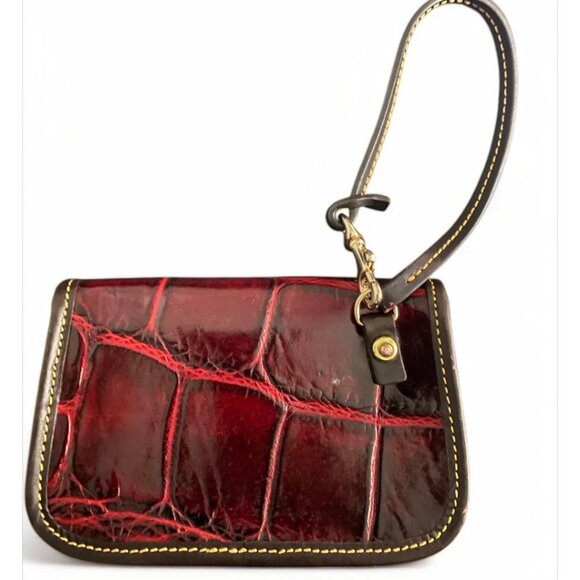 RARE Dooney & Bourke Croc Embossed Red/ Dk.Brown Small Leather Wristlet - Picture 3 of 5